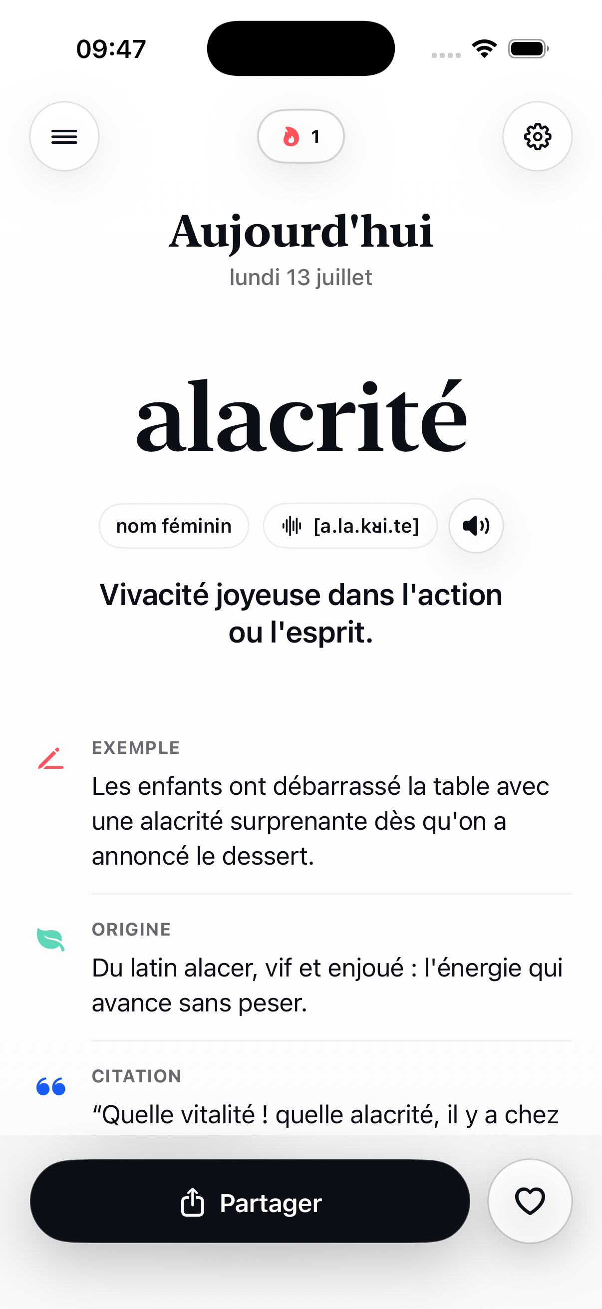 L’app Capte affiche le mot du jour, « alacrité », avec sa définition, un exemple, son origine et une citation.